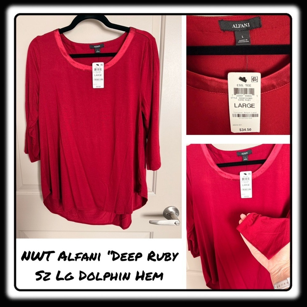 NWT Alfani “Deep Ruby” women’s large soft top dolphin hem 3/4th length sleeve